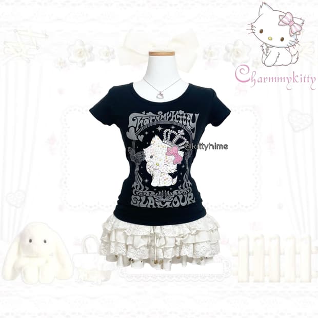 charmmy kitty 챠미키티 스팽글 딱붙탑 고전키티 키티반팔키티탑