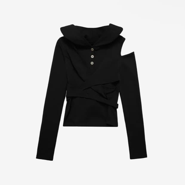 STRAP HOODED LONG SLEEVE TOP BLACK