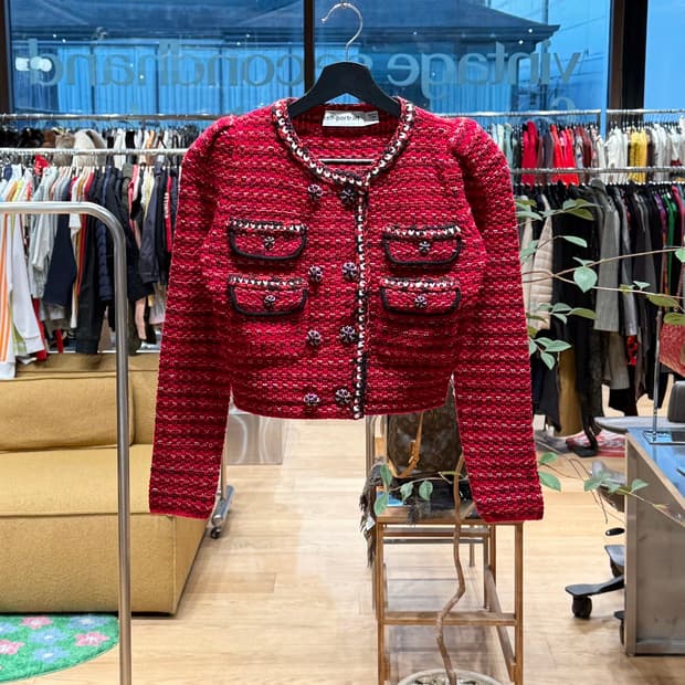 셀프 포트레이트 레드 트위드 니트 크롭 가디건 