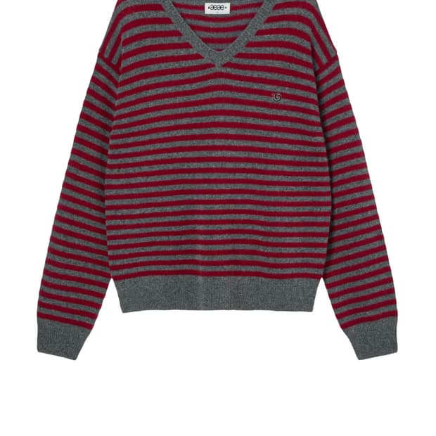 aeae 스트라이프 브이넥 니트 풀오버 레드
