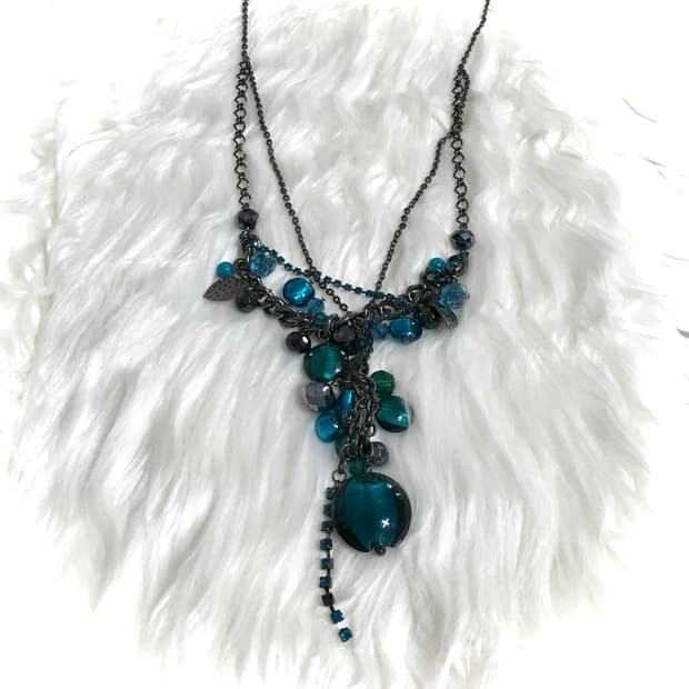 빈티지 딥터콰이즈 청록 비즈 롱 드롭 두줄 체인 목걸이