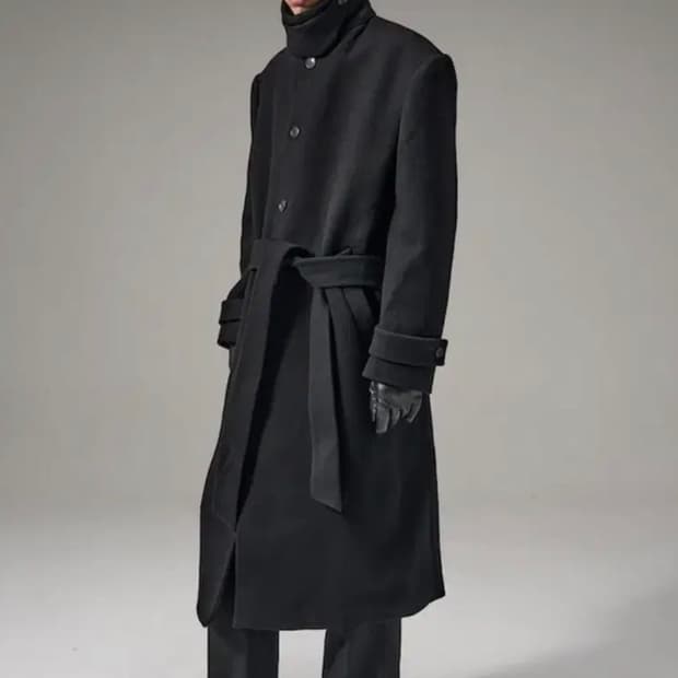 [M]노이스25fw 블랙 벨티드 롱코트