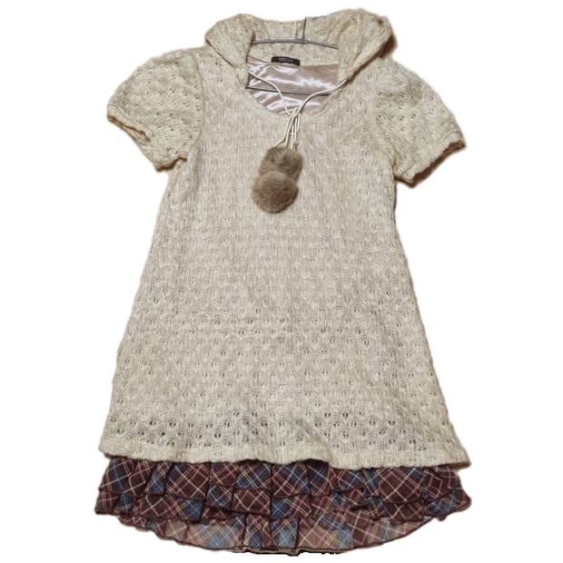 빈티지 폼폼 레이어드 후드 니트 반팔 원피스 사와코 레드체크