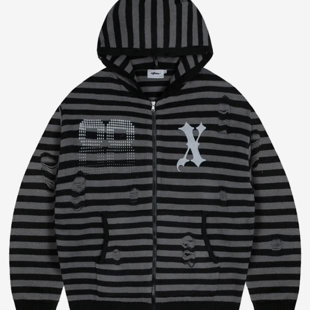 엑스톤즈 데미지 스트라이프 니트 후드 집업 네고가능