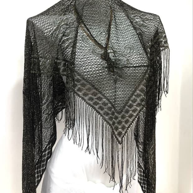 gold shimmer black floral tassel shawl