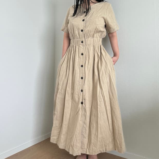 Beige Button Front Linen Blend Dress