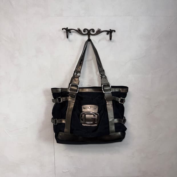 Guess black silver buckled tote bag