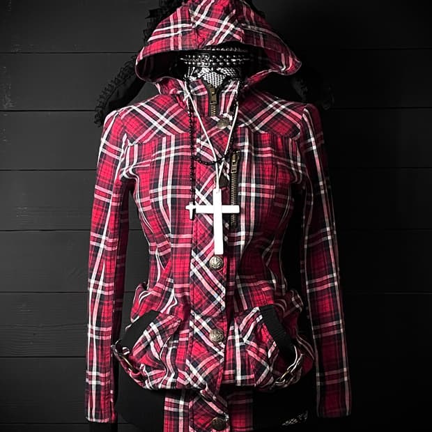 SKY BOMBER 스카이봄버 펑크 레드 체크 패턴 버튼 자켓