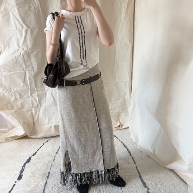 Fringe Hem Knit Midi Skirt
