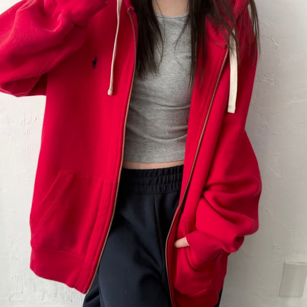 Polo 폴로 랄프로렌 레드 컬러 써멀 후드집업