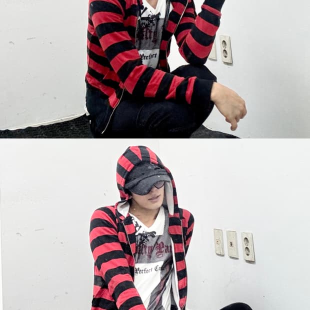 “Vintage” Kitsch Red Stripe Hooded Zip U