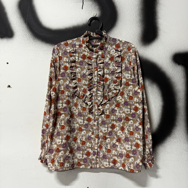 VTG 빈티지 플라워 자카드 풀패턴 셔링 긴팔 블라우스