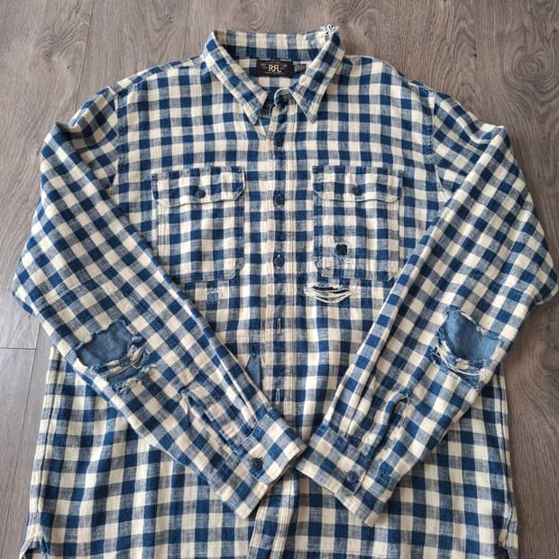 XL RRL 캔버스 블루 체크 데미지 일리노이즈 워크 셔츠