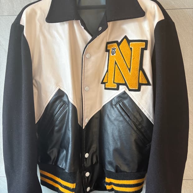 빈티지 바시티 레터맨 자켓 RAU 스냅, 가죽 패널