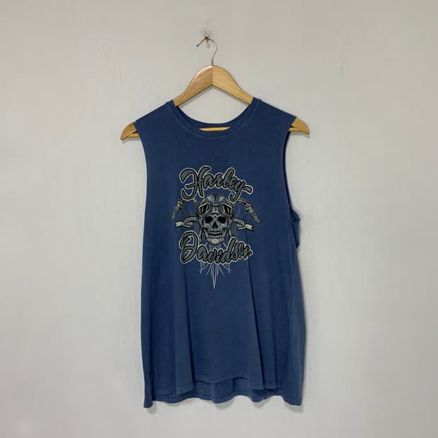 할리 데이비슨 빈티지 스컬 프린팅 슬리브리스 나시 블루 XL