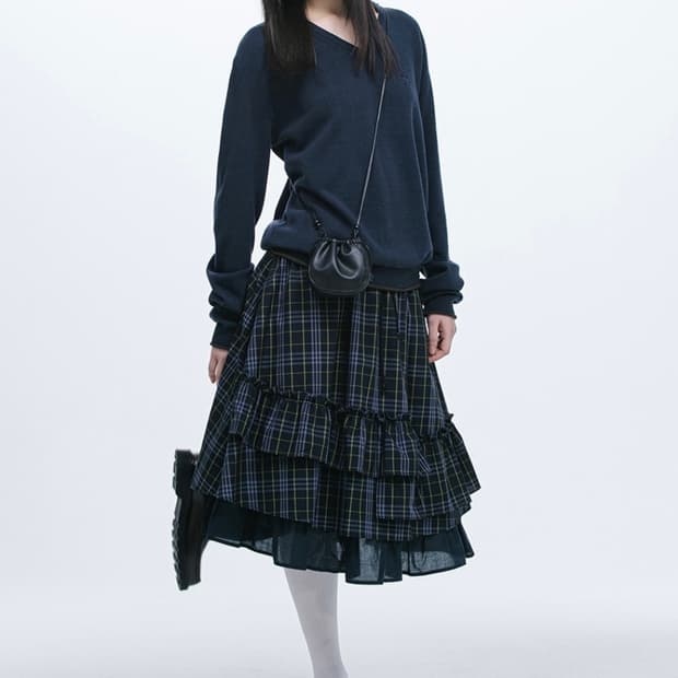 오헤시오 체크 프릴 미디 스커트 check frill midi skirt