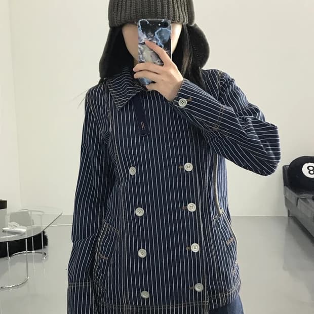 히코리 스트라이프 코튼 데님 더블 브레스티드 자켓