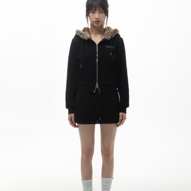포니즈 블랙 퍼 후드집업 + 스커트 세트 [일괄판매]
