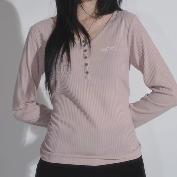 (새제품) 애즈온 WISH RIBBED BUTTON TEE / PINK