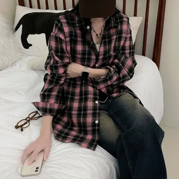 핑크그린 박스핏 체크남방