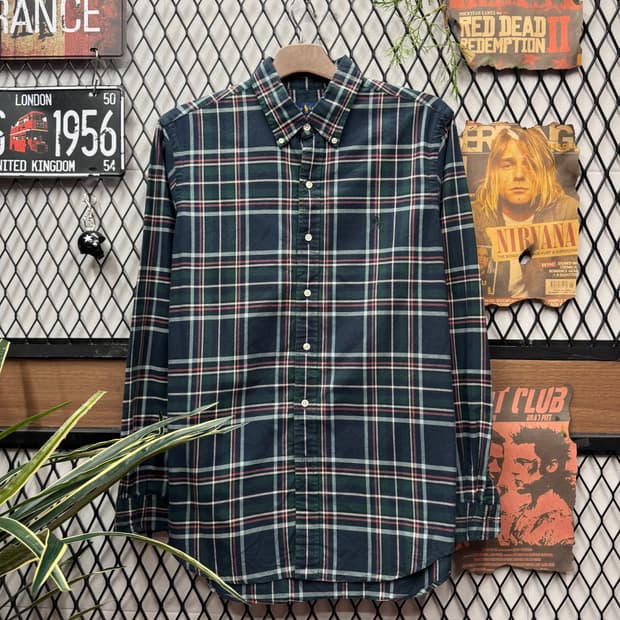 폴로 랄프로렌 멀티컬러 긴팔 체크 셔츠 그린 포니 로고 포인트