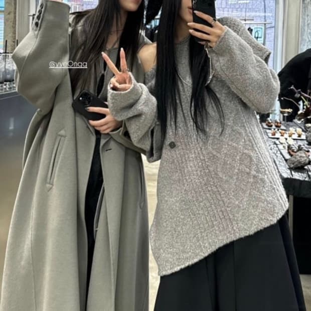 트리밍버드 와이드 롱코트 카키 그레이