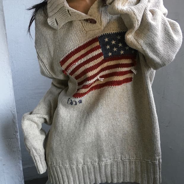 폴로랄프로렌 성조기 베이지 토글 버튼 니트