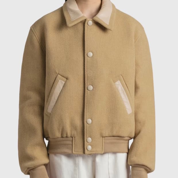 (S) 렉토 버틀러 퍼 레더 콘트라스트 카라 울 바시티 재킷 베이지
