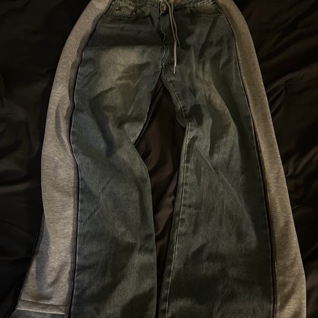 Cut Off Denim Layerd Wide Sweat Pants