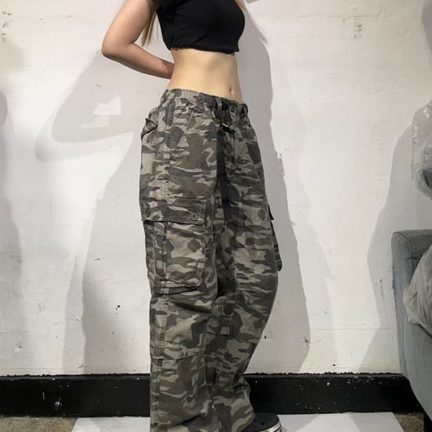 일본 빈티지 카키 밀리터리 카모 와이드 카고 팬츠 L