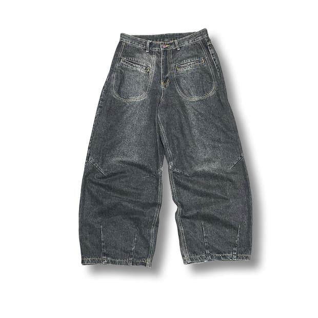 [32] 트릴리온 포켓 워싱 블랙 와이드 벌룬 데님 팬츠