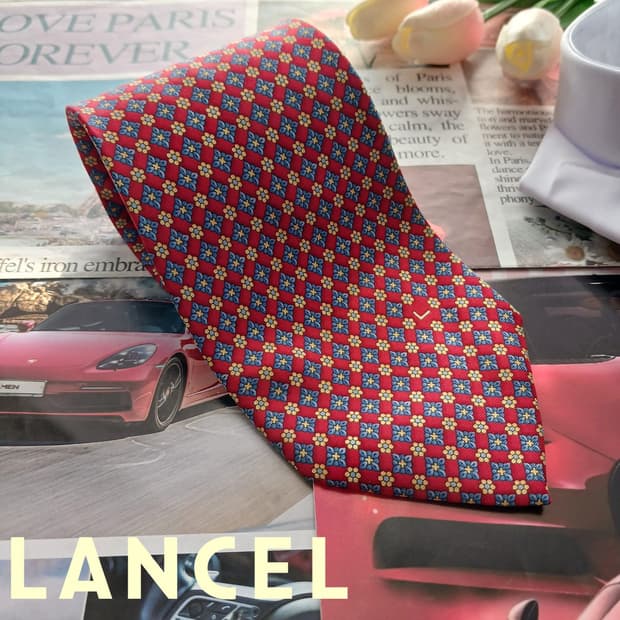 란셀 실크 레드 플라워 기하 패턴 넥타이 9.5cm A+등급 A18741