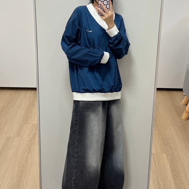 나이키 우븐 브이넥 나일론 네이비 긴팔 탑