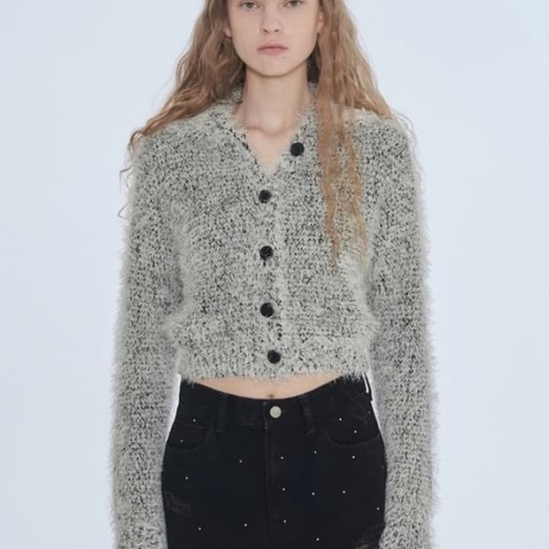 다이애그널 퍼지 믹스드 니트 가디건 블랙