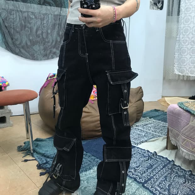 빈티지 여성 스티치 카고 흑청 데님팬츠 