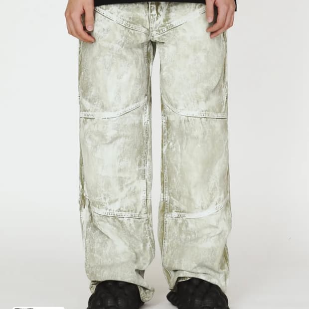 애드오프 페인팅 진 팬츠 데님 와이드팬츠 카키색상