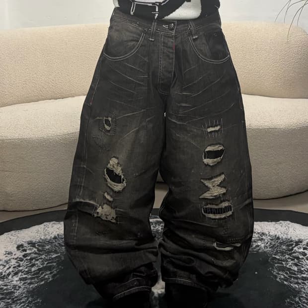 90s 빈티지 흑청 디스트로이드 벌룬팬츠