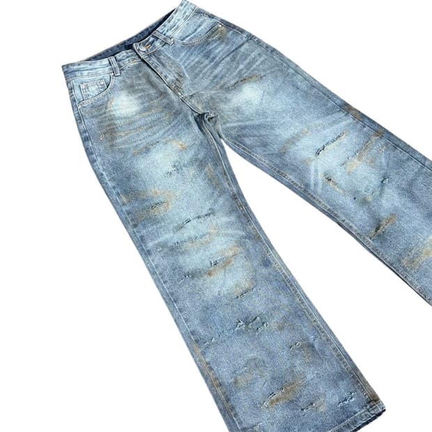 핸드메이드 빈티지 크림워싱 그릴드데미지 자수 데님팬츠 