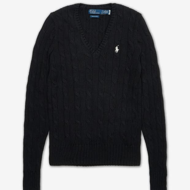 폴로 케이블 니트 코튼 브이넥 스웨터-블랙 M