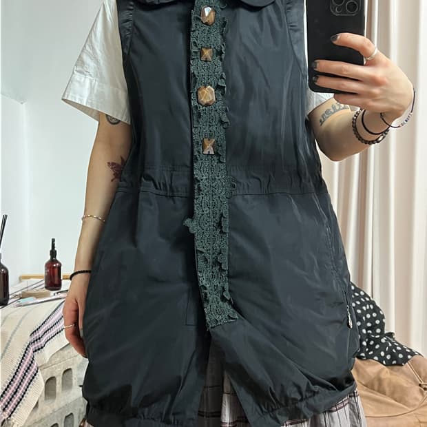 빈티지 여성 왕버튼 카라 롱 바람막이 베스트 자켓 