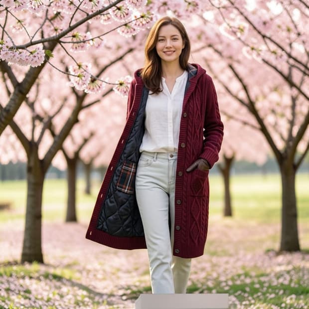 헤지스 여성 후드 니트코트 55~55½ 버건디 롱가디건 상태좋음