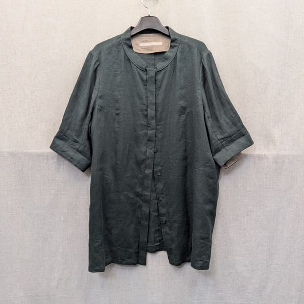 Prendang 차이나넥 린넨 반팔 셔츠 그린