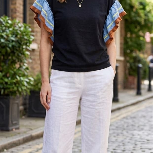 [Ray BEAMS/M] 레이 빔즈 배색 프릴 소매 티셔츠