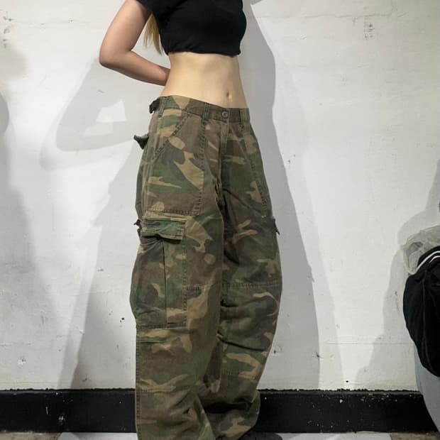 일본 빈티지 베이지 카모 와이드 카고 팬츠 M