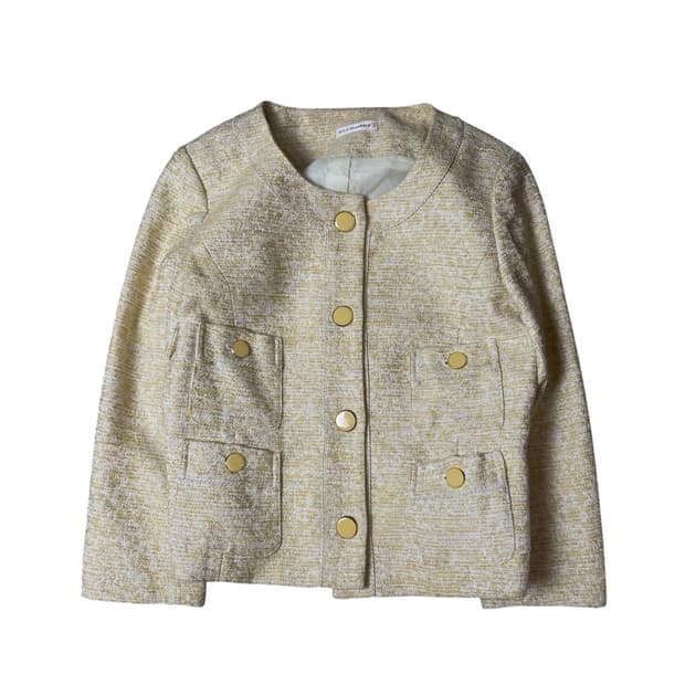 빈티지 옐로우 브라운 체크 패턴 더블 폴리 숏 자켓