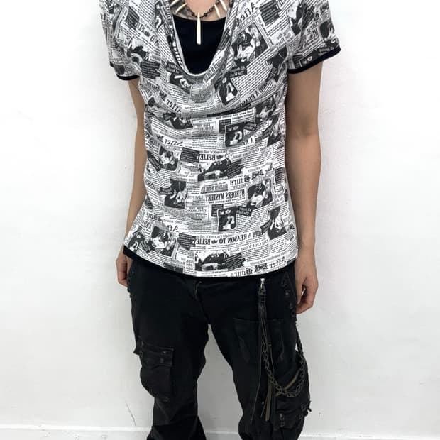 Newspaper print layered drape top