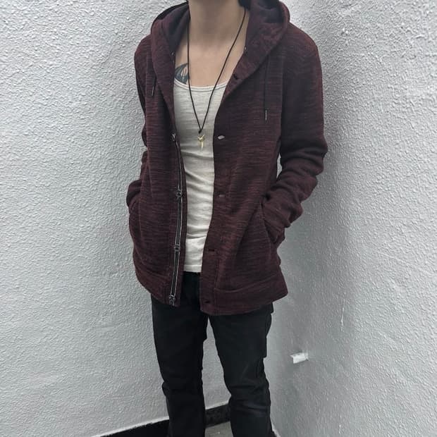 Semantic design burgundy hood cardigan
