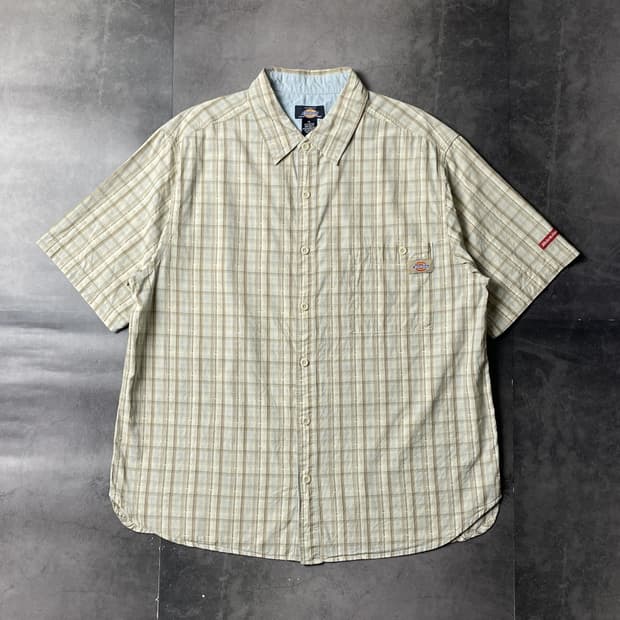 DICKIES 디키즈 빈티지 베이지 체크 반팔 워크 셔츠 A01011