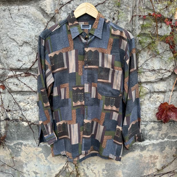일본 빈티지 폴리 코튼 혼방 에스닉 패턴 셔츠 m