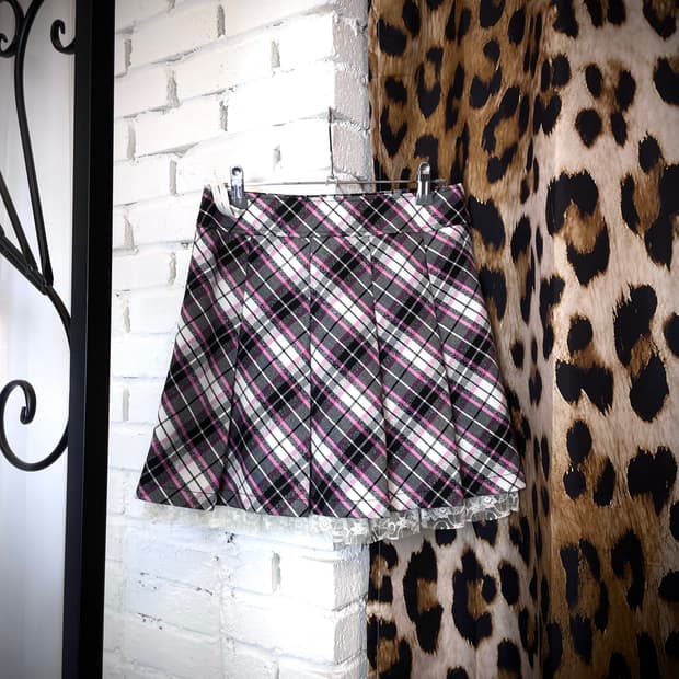 JPN 갸루 체크 패턴 핑크 그레이 스커트